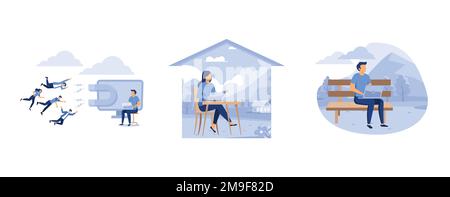 attracting and attracting customers with a magnet, girl student graduate sitting at home, the man is working on the development of the idea, set flat Stock Vector