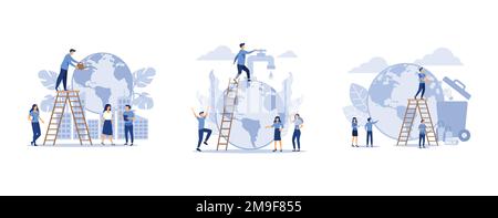 saving the planet, save energy and water, an employee engaged in recycling garbage, set flat vector modern illustration Stock Vector