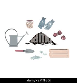 Planting hyacinth flower bulbs vector illustration. Gardening equipment set with hyacinth bulbs, hand shovel, soil, gloves, watering can, and pot Stock Vector