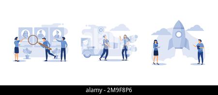 hiring employees, online shopping, cohesive teamwork in the startup, set flat vector modern illustration Stock Vector