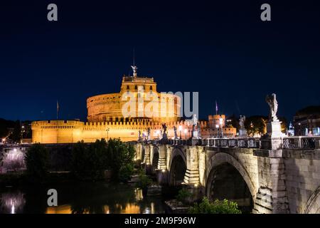 ROME, ITALY - JUNE 29, 2019: Castel Sant'Angelo (Saint Angel Castle) with Ponte Sant'Angelo (Sant'Angelo Bridge) night view in Rome, Italy. Stock Photo