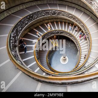 VATICAN CITY, ITALY - JULY 1, 2019: Bramante Staircase in Vatican Museum in the Vatican City. Rome, Italy. The double helix spiral staircase is is the