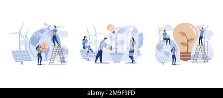 energy from solar panels and windmills, alternative renewable energy. save energy, solar energy, set flat vector modern illustration Stock Vector
