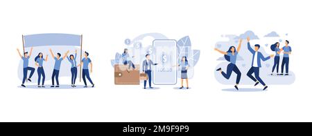 Men and women take part in political rallies, parades or rallies, non-cash payment transactions, holiday Valentine's Day, set flat vector modern illus Stock Vector