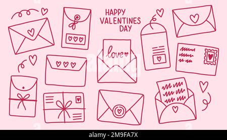 Set of cute hand drawn envelopes about love. Design elements isolated on pink. Happy Valentines Day vector illustration. Stock Vector