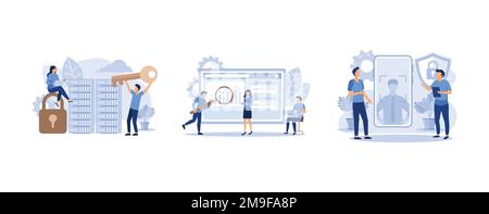 data processing, graphic design business concept mobile assistant, man holds a phone in his hand and scans the application face, set flat vector moder Stock Vector