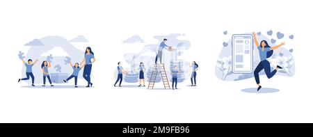 Teaching children to order and cleaning, career growth to success, a joyful girl with a phone in his hand puts likes on a background of flowers, set f Stock Vector