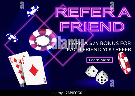 Online casino. Banner with refer a friend promotion, dice, cards and chips on a dark blue background. The concept of gambling, online casino. Vector image. Stock Vector