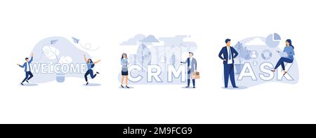 characters standing near the word greetings and giving greetings signs, customer relationship management, web site development, set flat vector modern Stock Vector