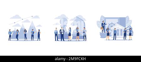 business people conquer the mountain, businessmen plan a business plan strategy, bank employees, set flat vector modern illustration Stock Vector