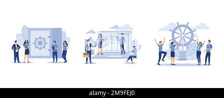 closed bank safe open with a key, analysis of statistical data in a computer, leadership qualities in a creative team, set flat vector modern illustra Stock Vector