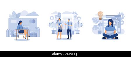 online shopping, data processing, girl designer freelancer develops business application online onlain purse and investment, set flat vector modern il Stock Vector