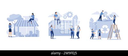 purchase of goods and gifts, mobile sim card, the employee is engaged in recycling garbage, set flat vector modern illustration Stock Vector