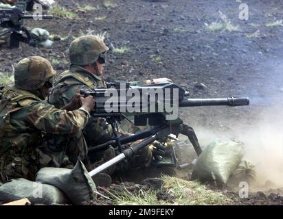 US Marine Corps Lance Corporal Compton and US Marine Corps Private First Class Hill of 1ST Battalion, 3rd Marines, Weapons Company, fire an MK-19 while training at Pohakuloa Training Area on the Big Island of Hawaii. Base: Pohakuloa Training Area State: Hawaii (HI) Country: United States Of America (USA) Stock Photo