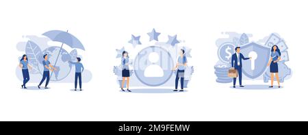people protect the planet, measuring customer satisfaction and rating stars, concept of money protection, set flat vector modern illustration Stock Vector