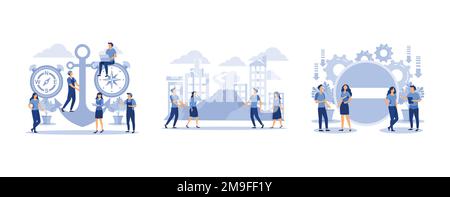 leadership qualities in the creative team, volcanic eruption, problems at work, set flat vector modern illustration Stock Vector