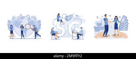 online business in the pandemic, tables with computers and laptops, the investor holds money in ideas, set flat vector modern illustration Stock Vector