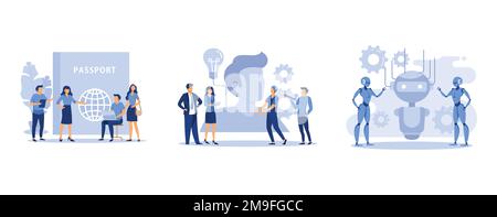 a man sits near a passport and chooses a direction where to go, a light bulb is shining appears an idea, futuristic cyberpunk design, set flat vector Stock Vector