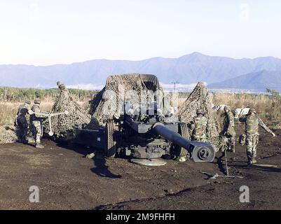 US Marines from 3rd Battalion, 12th Marine Regiment, 3D Marine Division, set up camouflage netting over their M198 155mm Medium Towed Howitzer at Gun Position 99, East Camp Fuji, Japan. The training area is part of the unit's nine firing day relocation shoot, designed to enhance military occupational specialty proficiency within the artillery field. Subject Operation/Series: FOAL EAGLE 2000 Base: Marine Corps Base, Camp Fuji State: Honshu Country: Japan (JPN) Stock Photo