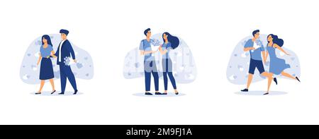 a woman receives a gift, joyful people, holiday Valentine's Day, set flat vector modern illustration Stock Vector