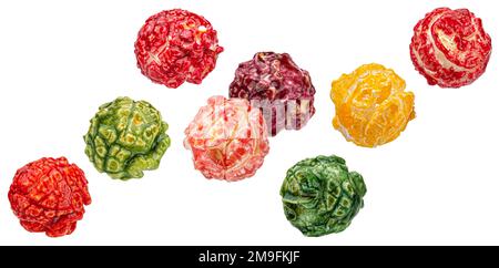 Falling colorful popcorn isolated on white background Stock Photo