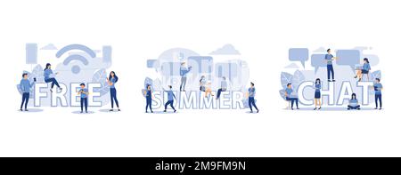 public free wireless connection wireless point Wi-Fi, big word summer, communication via the Internet, set flat vector modern illustration Stock Vector