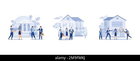 Bank financing, real estate and turnkey rentals, house selection and search, set flat vector modern illustration Stock Vector