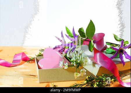 Gift box with a pink heart shape, different flowers and a ribbon, extreme colors in abstract retro style with illustrative pop art filter, creative lo Stock Photo