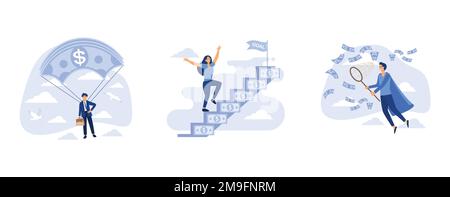 Businessman or manager is flying parachute, Businesswoman walking on growing money way in sky, Businessman trying to catch flying money with a butterf Stock Vector