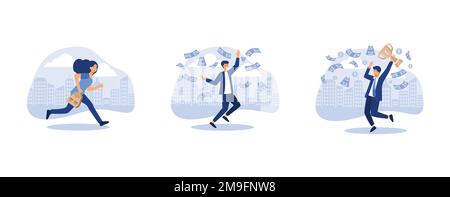 Business lady with a briefcase in her hand is late and in a hurry, flat young smiley businessman jumping under rain of money banknotes, happy business Stock Vector