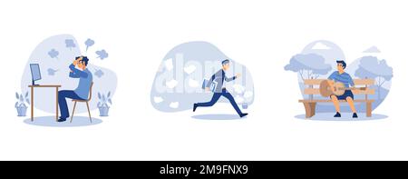 Anger men on the desk, man runs in panic, scattering papers and documents, the young man sitting on the bench and playing acoustic guitar in the park, Stock Vector