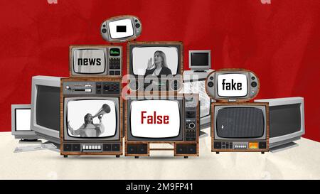 Contemporary art collage. Conceptual design. Set of retro TV and computer screens showing fake news, disinformation. Stock Photo