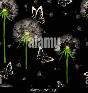 Seamless pattern dandelions. Background for creating textiles, fabrics, paper, wallpapers. Dark background. Vector illustration. Stock Vector