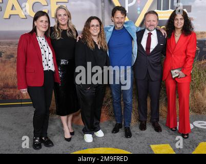 Los Angeles, USA. 17th Jan, 2023. (L-R) Lisa Katz, President, Scripted Content, NBCUniversal, Kelly Campbell, President of Peacock, Susan Rovner, Chairman, Entertainment Content, NBCUniversal, Ram Bergman, Rian Johnson and Nena Rodrigue at the Peacock''s POKER FACE Los Angeles Premiere held at the Hollywood Legion Theater in Hollywood, CA on Tuesday, ?January 17, 2023. (Photo By Sthanlee B. Mirador/Sipa USA) Credit: Sipa USA/Alamy Live News Stock Photo