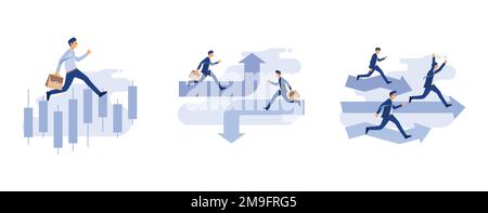 Businessman running with candlestick chart background, running on the different arrow opposite direction, businessman run straight through finish line Stock Vector