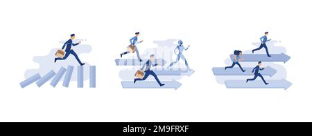 businessman running on top of domino effect, robot competition human worker and win, people run to their goal along the arrow to the cutter, set flat Stock Vector