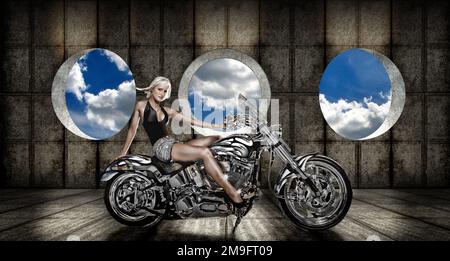 Woman sitting on a motorcycle Stock Photo