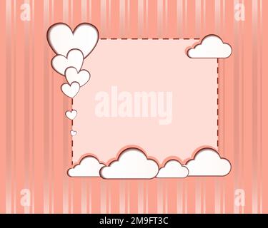 Coral striped Valentine s Day card template with cut out hearts and paper clouds. Writing space. Vector. Template. Card. Invitations. Stock Vector