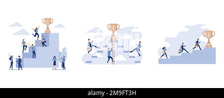 businessmen climb the ladder to the goal in the form of a golden cup, Ttree businessmen climb the ladder to the goal on the trophy on sky, team runnin Stock Vector