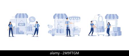 Woman running with shopping cart and percent sign in it, online shopping, people wearing medical masks to prevent disease, set flat vector modern illu Stock Vector