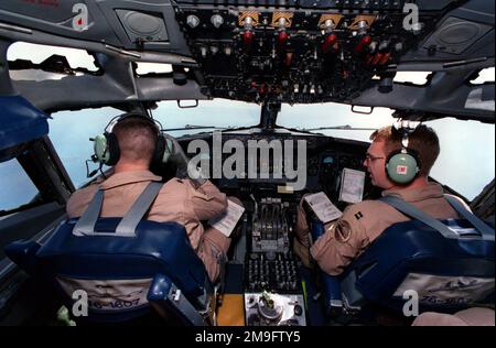 US Air Force Major Brad Bredenkamp and US Air Force Captain Dan Mattman, 962nd Airborne Air Control Squadron, E-3 Sentry Airborne Warning And Control System (AWACS) aircraft flight deck team from Elmendorf Air Force Base, Alaska, are preparing to enter the Operation NORTHERN WATCH restricted operating zone during Air Expeditionary Force 3. Subject Operation/Series: NORTHERN WATCH Country: Unknown Stock Photo