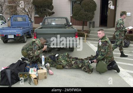 US Air Force STAFF Sergeant Lloyd Alston and US Air Force SENIOR AIRMAN Michael Bell treat US Air Force Captain Brian Blalock for smoke inhalation during the 2001 Operational Readiness Inspection (ORI) at Osan Air Base, Republic of Korea. Base: Osan Air Base Country: Republic Of Korea (KOR) Stock Photo