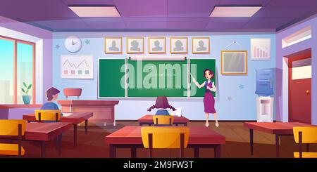 Cartoon classroom for math learning with pupils and teacher at the blackboard. Education school or college class interior with formula on green chalkboard, clock hanging on wall and water cooler. Stock Vector