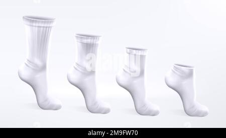 Vector 3d realistic set of sports and casual white socks different lengths isolated on white background. Long, middle and short classic cotton foot clothes mock up. Template mockup sportswear. Stock Vector