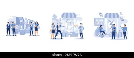 Customers with credit card withdrawal money standing in line at bank atm landing vector page, online shopping, e-commerce promotion flash sale concept Stock Vector