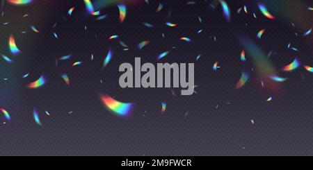 Rainbow falling confetti, holographic falling foil pieces, abstract festive background. Stock Vector