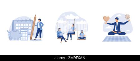 smart woman plan her monthly budget with calendar and piggybank, people businessman and woman office employees working with computer laptop on swing s Stock Vector