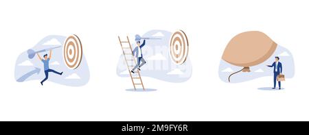businessman with briefcase standing on dart to achieve business goal, business goal or work purpose, fearful businessman investor standing under huge Stock Vector