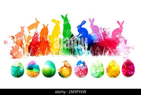 Happy Easter. Multicolored rabbits. Watercolor eggs. Vector illustration Stock Vector