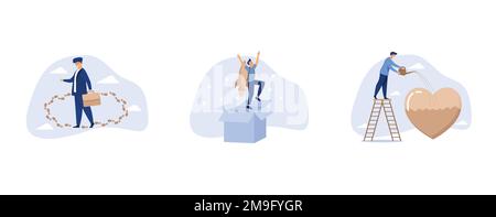 career path dead end, businessman launch from open box with rocket booster, businessman pouring water to fulfill heart shape metaphor of passion, set Stock Vector